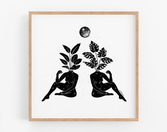 Beneath the Same Moon Art Print - Feminist Wall Art, Feminist Art Print, Plant Lady Art, Plant Woman Print, Woman Line Art, Modern Art Print