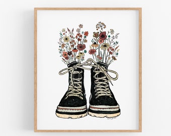 Floral Hiking Boots Art Print - Flower Aesthetic Artwork Gardener Gift Flower Market Print Ink Flower Drawing Wildflowers Wall Art