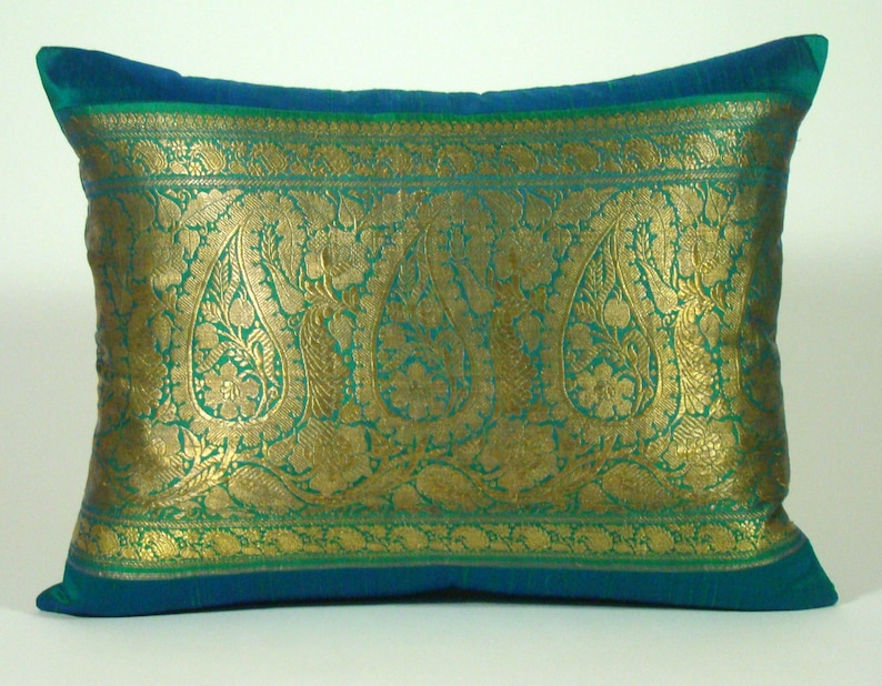 Gold Embellished Peacock Blue Saree Pillow Cover Paisley Etsy