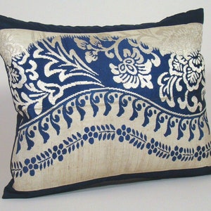 Indigo Floral Pillow Cover: Vintage Silk Obi, Navy Blue Accent Pillow