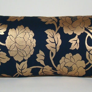 Gold Peony Lumbar Pillow Cover: Vintage Japanese Obi Silk