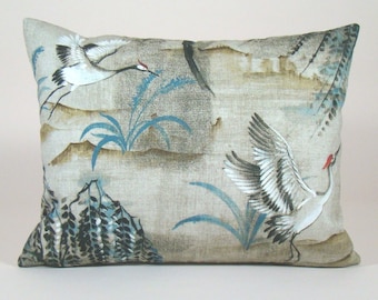 Flying crane and weeping willow linen pillow cover, Asian landscape, chinoiserie pillow, nature inspired pillow, zen home decorative accent