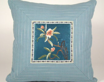 Embroidered Pillow Cover: Chinese Floral Silk, Japanese Linen Accent