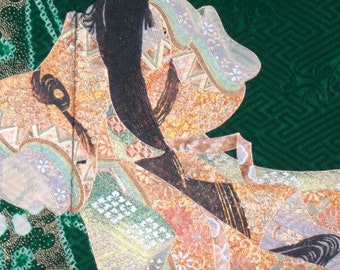 Heian Princess Kimono Wall Hanging: Upcycled Silk Shibori, Gold