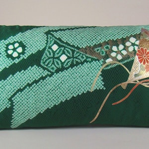Japanese Silk Kimono Bolster Pillow Cover: Forest Green Shibori, Chinoiserie Decor