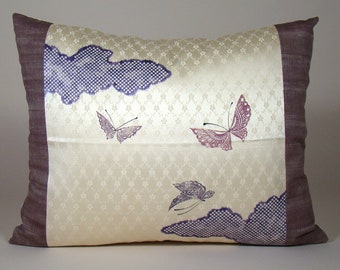 Upcycled Kimono Silk Pillow Cover: Asian Butterfly Lumbar Pillow