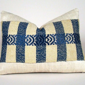 Sakiori pillow cover, indigo blue lumbar pillow, artisan throw pillow, upcycled obi, rag weave, vintage Japanese textile, wabi sabi decor