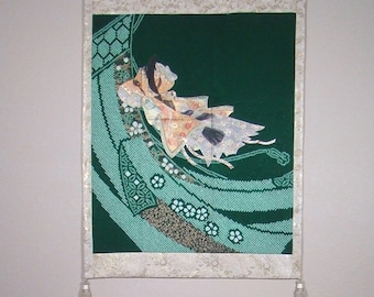 Heian Princess Kimono Wall Hanging: Upcycled Silk Shibori, Gold Brocade