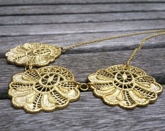Filigree Necklace, Lace Flower Necklace, Bib Necklace, Brass Necklace, Lace Necklace