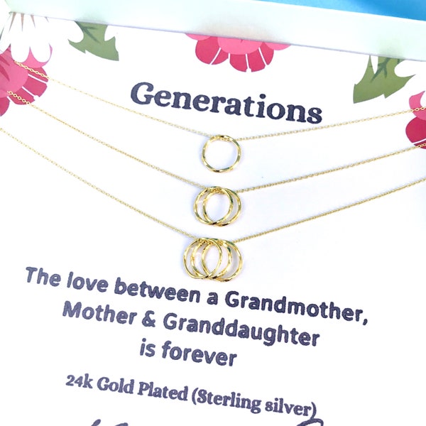 Generations Necklace Set, 24k Gold Sterling Silver Family Necklace, Gift For Grandmother, Mother and Daughter, 3 or 4 Generations