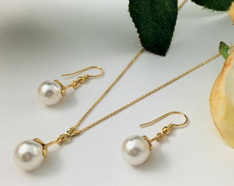 Gold Vermeil Pearl Bridal Jewellery Set, Swarovski Crystal Pearl bridesmaid Necklace and Earrings, Gift For Her