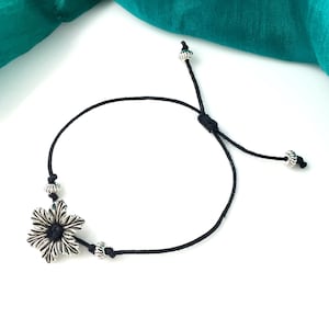 Flower Charm Bracelet, Adjustable Bracelet, Women Bracelet, Cord Bracelet, Sliding Knot Statement Bracelet, Antique Silver Jewellery