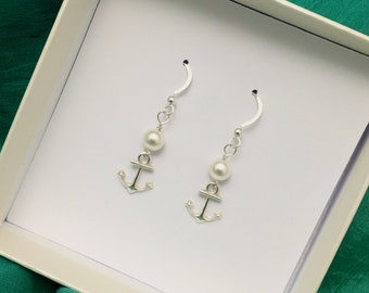 Anchor Pearl Bridesmaid Earrings, Beach Wedding Earring, Bridesmaid Gift, Sterling Silver Anchor Earrings