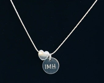 Personalised Silver Engraved Initial Necklace,  Minimalist Dainty Sterling Silver Heart and Disc Necklace