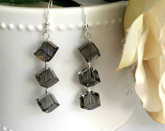 Swarovski Crystal Dangle Earrings, Sterling Silver Earrings, Crystal Cube Earrings, Gift For Her