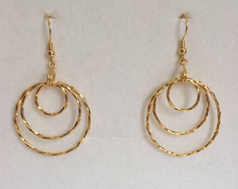 24k Gold Sterling Silver Twisted Triple Hoop Earrings, Dangle Circle Earrings 30th Birthday Gift