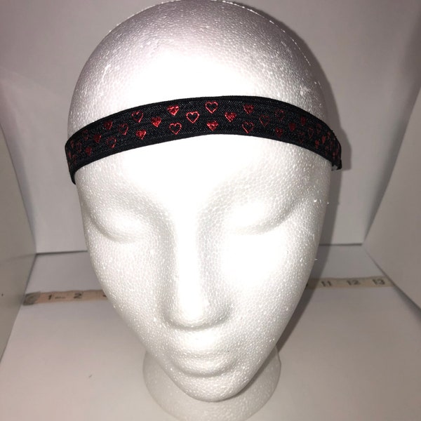 Cochlear Implant Hearing Aid Adjustable Headband Black with Red foil Hearts