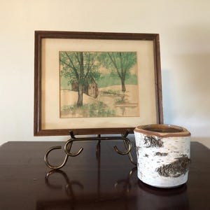 Framed Watercolor Cabin and Trees Artist Unknown Wall Art Vintage