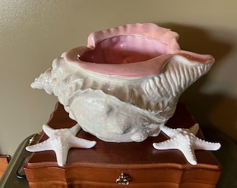 Large Iridescent Seashell Planter Display Decor Vintage Coastal Nautical Conch Shell