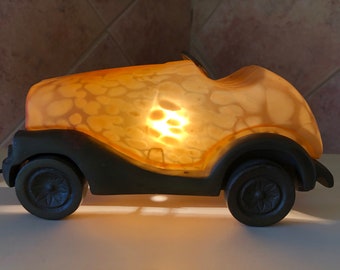 Art Deco Cast Iron Roadster Amber Shade Lamp