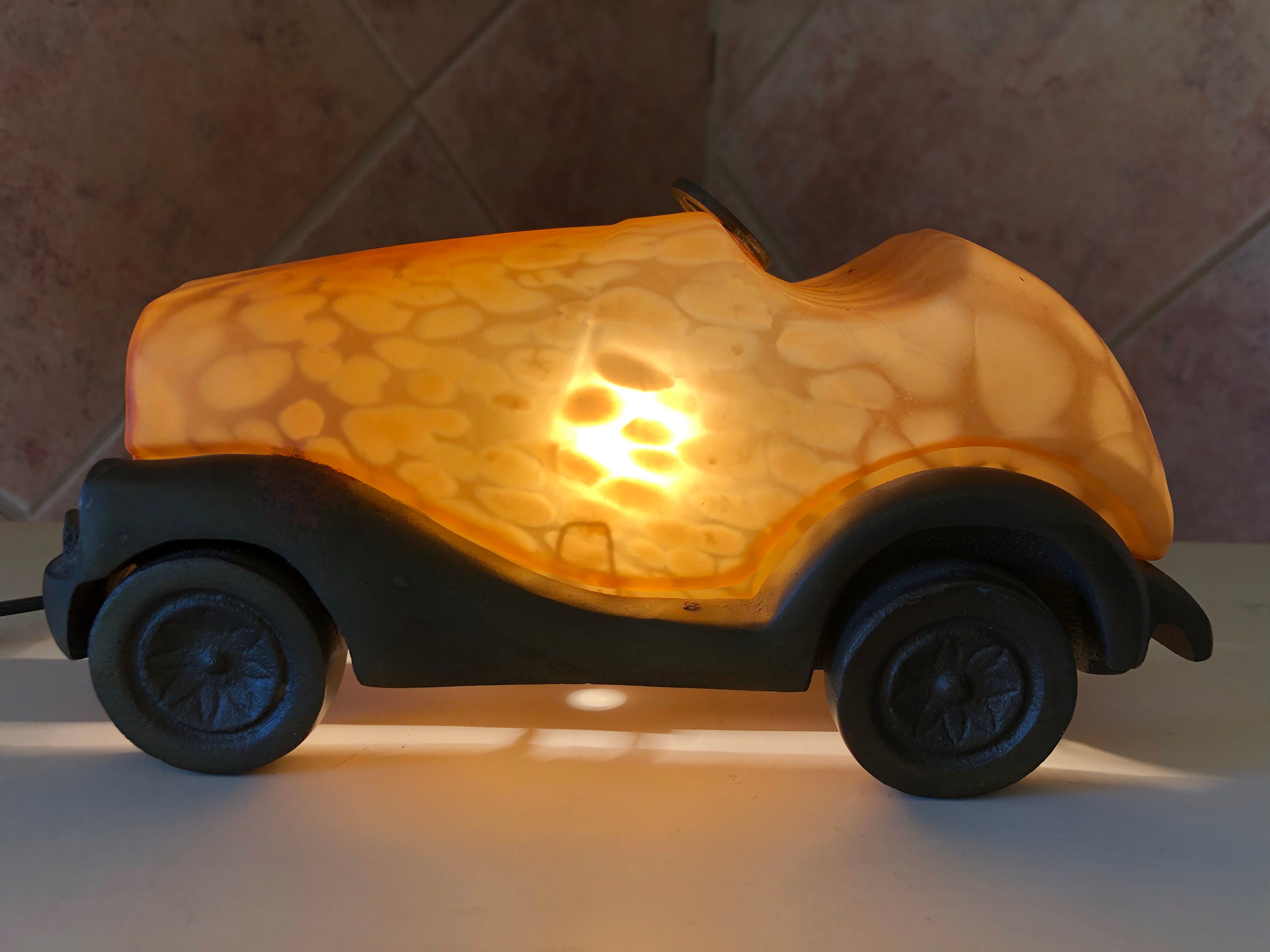 Art Deco Cast Iron Roadster Amber Color Shade Lamp Vintage Man Cave Gameroom Christmas  Gift