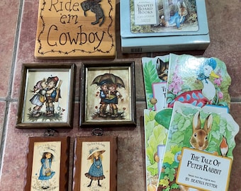 Framed Hummel Holly Hobbie and Cowboy Wall Art Beatrix Potter Books Vintage Children’s