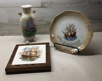 PK Sailing Ship Plate Austrian Clipper Trivit Ship at Sea Vase Vintage