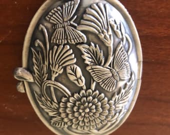 Retro Oval Compact Mirror Butterflies Floral Pewter