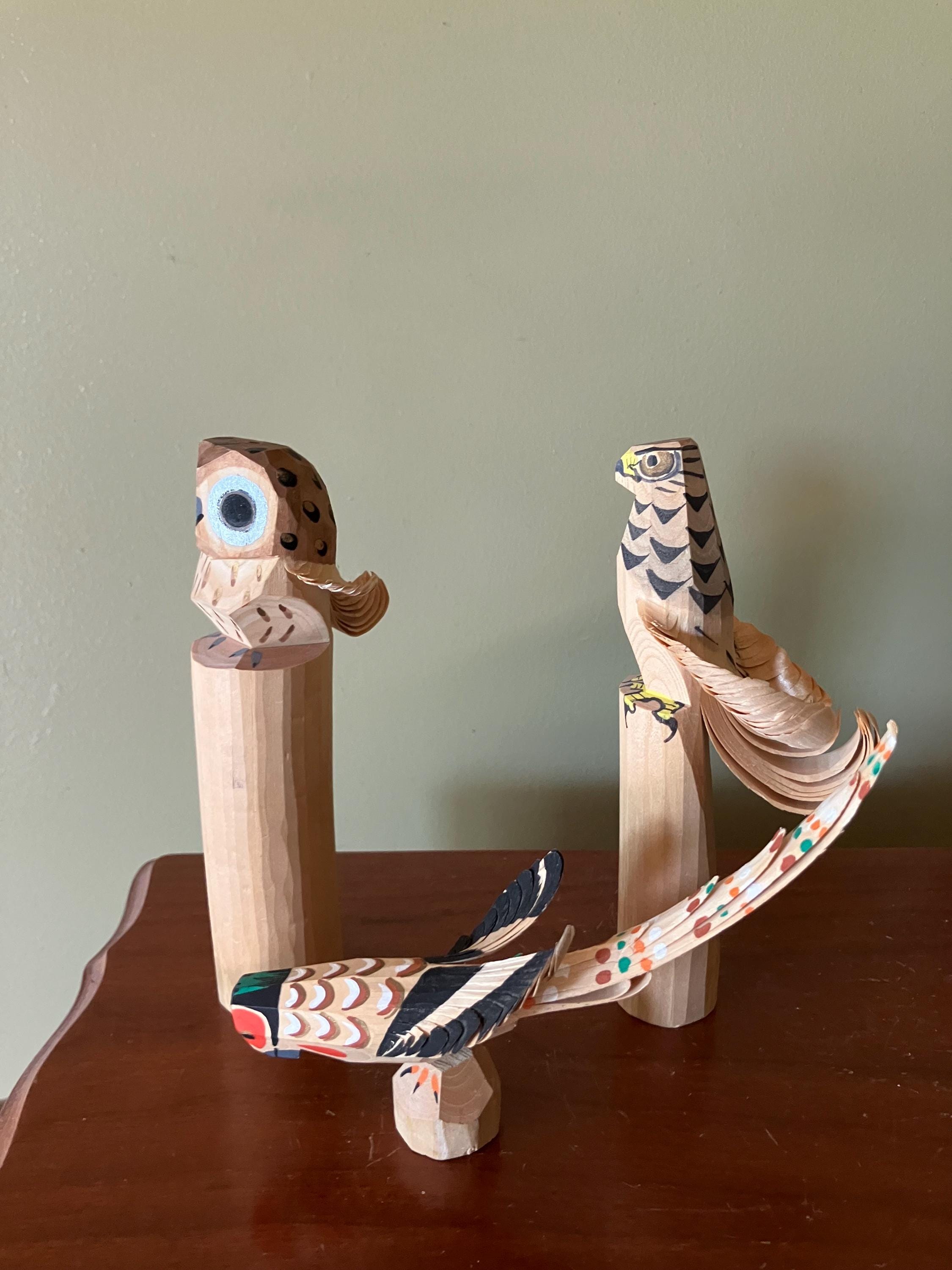 Japanese Sasano-bori Wood Bird Statues Owl Hawk Folk Art Vintage Great Gift Christmas