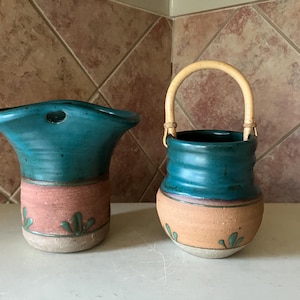 Southwestern Cactus Pottery Vase and Pot Signed with Bamboo Handle Vintage