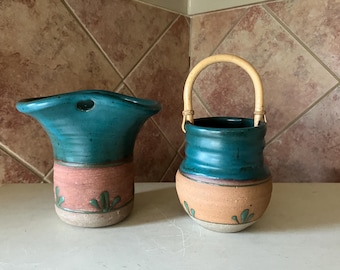 Southwestern Cactus Pottery Vase and Pot Signed with Bamboo Handle Vintage