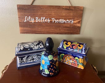 Mexican Talavera Treasure Chest Trinket Boxes and Vibrant Bell Vintage