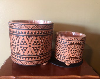 Totem Design Pair Planter Pots Southwestern Style