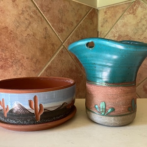 Southwestern Cactus Pottery Vase Planter Terracotta Mountains Trees Vintage