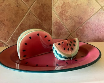 Ceramic Watermelon Slices Napkin Holder S/P Shakers Platter Vintage Summertime