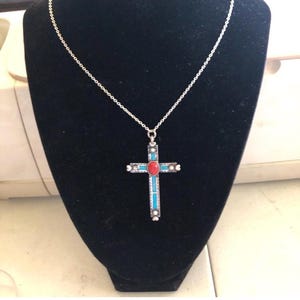 Southwestern Turquoise and Coral Silver Cross Pendant Necklace NWOT Boho