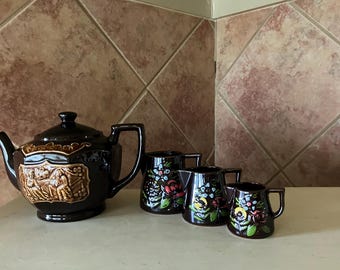 Japanese Moriage Redware Teapot and Measuring Pitchers Hand Painted Maganeze Glaze Vintage