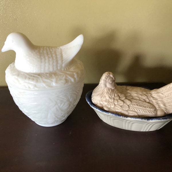 Vintage Milk Glass Dove or Hen on a Nest Bowls