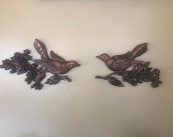 Vintage MCM Bronze Painted Set Birds on A Branch Wall Decor Wall Art