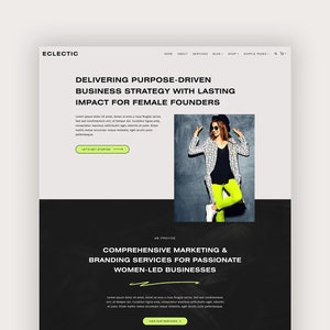 Pu&ograve; includere: Homepage di un sito web per un'azienda che offre servizi di marketing e branding per aziende guidate da donne. Il sito web presenta una foto in bianco e nero di una donna che indossa un cappotto a motivi bianco e nero e pantaloni gialli. Il testo sul sito web recita "Delivering purpose-driven business strategy with lasting impact for female founders." e "Comprehensive marketing & branding services for passionate women-led businesses."