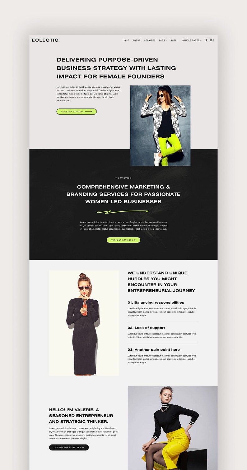 Pu&ograve; includere: Homepage di un sito web per un'azienda che offre servizi di marketing e branding per aziende guidate da donne. Il sito web presenta una foto in bianco e nero di una donna che indossa un cappotto a motivi bianco e nero e pantaloni gialli. Il testo sul sito web recita "Delivering purpose-driven business strategy with lasting impact for female founders." e "Comprehensive marketing & branding services for passionate women-led businesses."