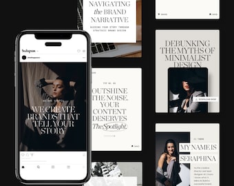 May include: A smartphone displays an Instagram post with the text "WE CREATE BRANDS THAT TELL YOUR STORY." Surrounding the phone are several minimalist design graphics with text like "NAVIGATING THE BRAND NARRATIVE" and "DEBUNKING THE MYTHS OF MINIMALIST DESIGN."