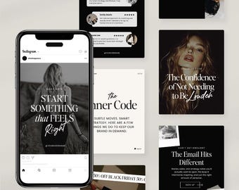 Puede incluir: Una colección de plantillas de historias de Instagram con elementos de diseño en blanco y negro. El texto en las plantillas incluye "Comienza algo que se sienta bien", "El código interno", "La confianza de no necesitar ser más fuerte", y "Los correos electrónicos impactan de manera diferente".