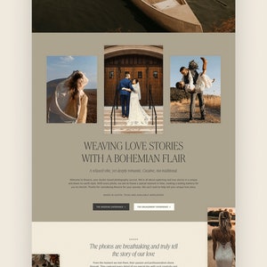 Puede incluir: Un sitio web para un fot&oacute;grafo de bodas en Austin, Texas. El sitio web presenta im&aacute;genes de parejas en varios entornos, incluyendo una canoa en un lago, una pareja en una escalera y una pareja en un campo. El sitio web tambi&eacute;n incluye texto sobre los servicios y el estilo del fot&oacute;grafo.