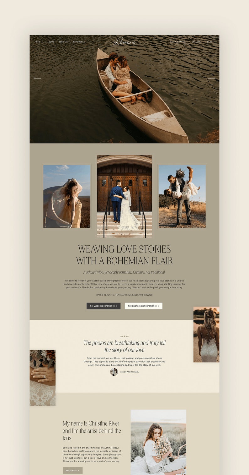 Puede incluir: Un sitio web para un fot&oacute;grafo de bodas en Austin, Texas. El sitio web presenta im&aacute;genes de parejas en varios entornos, incluyendo una canoa en un lago, una pareja en una escalera y una pareja en un campo. El sitio web tambi&eacute;n incluye texto sobre los servicios y el estilo del fot&oacute;grafo.