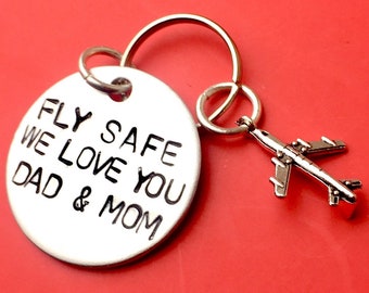Fly safe, we love you - dad and mom - Personalised Keychain Gift Airplane  - Pilot Aviation Traveling Abroad, Anniversary gift gift