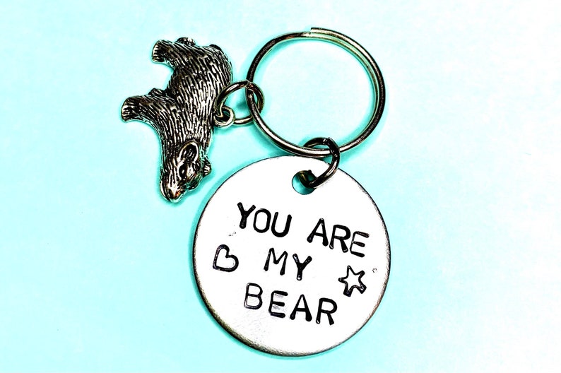 Pocket Bear Hugs Gift Keychain You Are My Bear, Personalised Hand stamped engraved Keychain Gift Bear Keyring Day gifts for men image 6