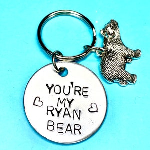 You Are My Ryan Bear, Personalised Name Gift Pocket Bear Hug Keychain Keyring for boyfriend or husband, Valentines gift for Him hand stamped