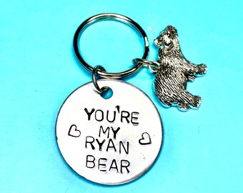 You Are My Ryan Bear, Personalised Name Gift Pocket Bear Hug Keychain Keyring for boyfriend or husband, Valentines gift for Him hand stamped