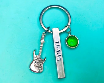 Personalized Bar Keychain - Anniversary Date with Birthstone or / and Guitar